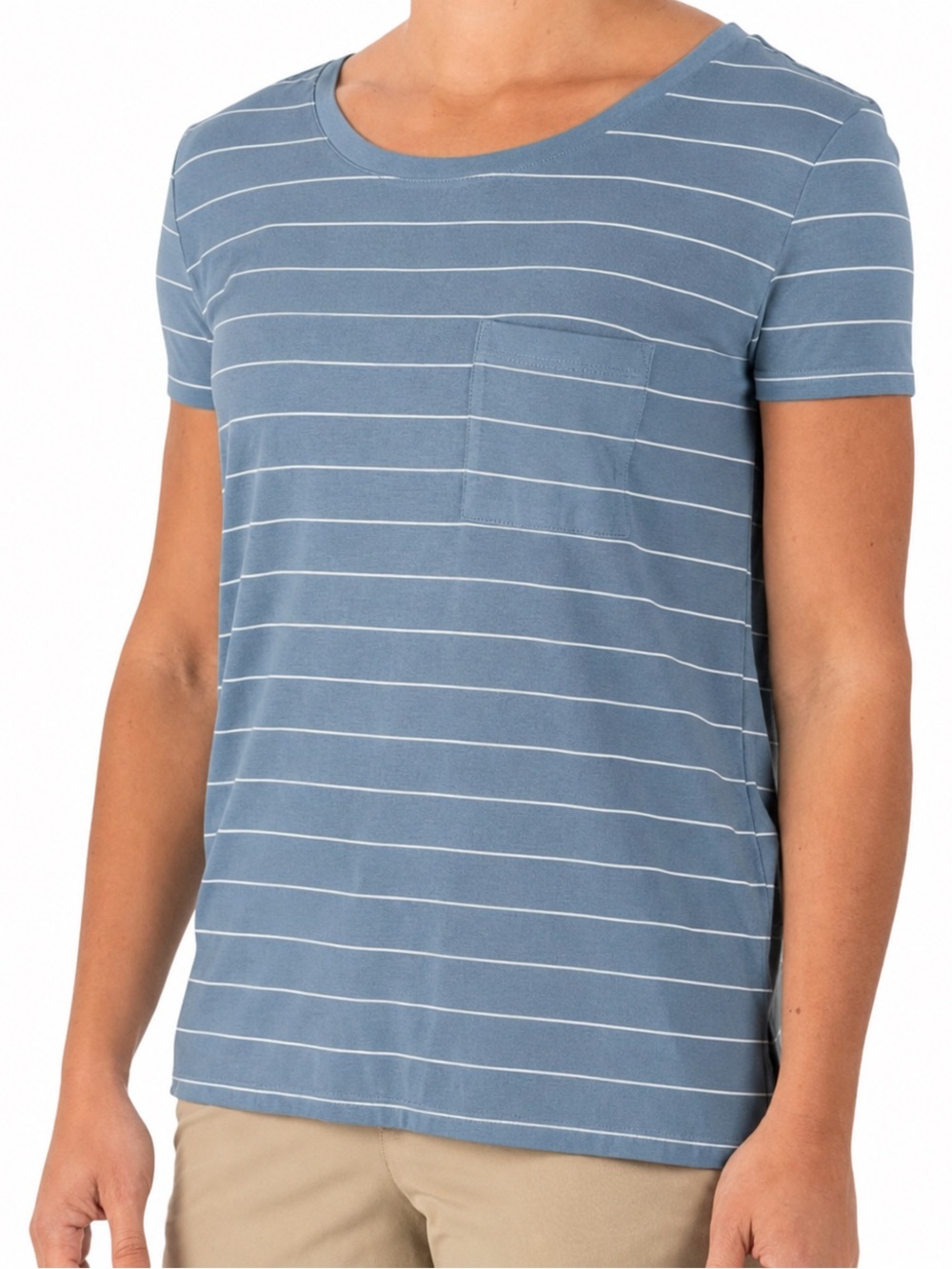 Free Fly Women’s Striped Pocket Tee Blue White Short Sleeve Top Size Medium